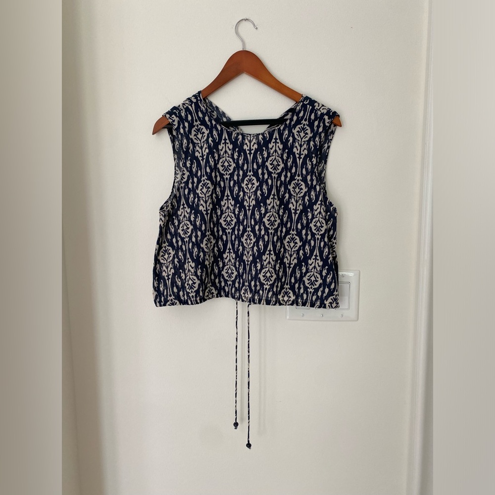 Zara Ava Crop Top with Cream Pattern and Beaded Drawstring